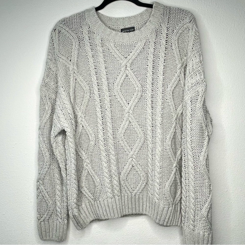 White Fox‎ Oversized Cable Knit Sweater Gray Slouchy Cozy Fit Size S/M